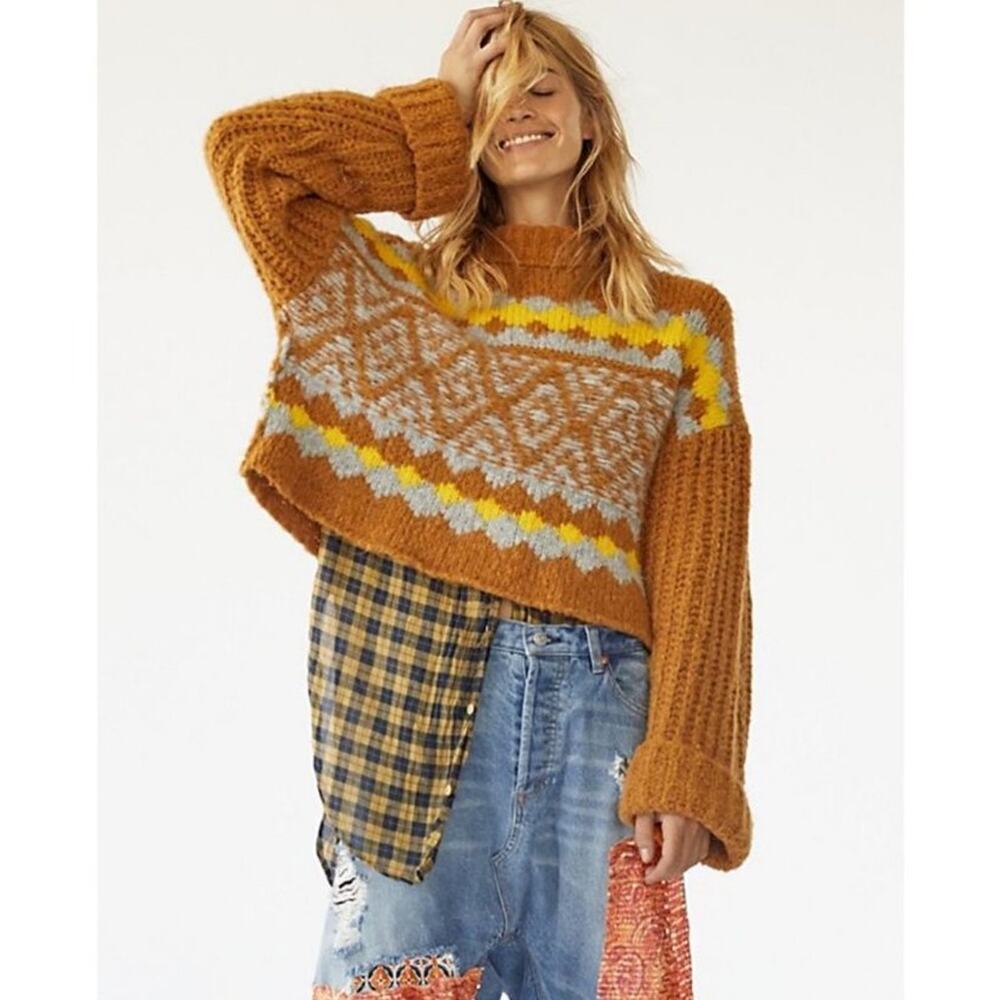 New Free People Alpine Pullover Sweater in Cinnamon Toast Combo Women's Size S